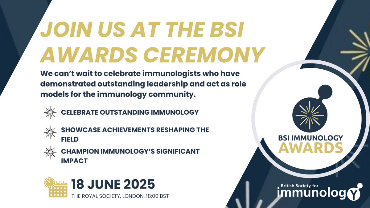 🎉 The 2025 BSI Immunology Awards shortlist is here! Take a look 👀 bit.ly/43tqErU 

Join us at The Royal Society, London on 18 June at 18:30 BST to celebrate outstanding leaders in #immunology.

It’s FREE - register now before tickets run out! 👉 bit.ly/43veEGr