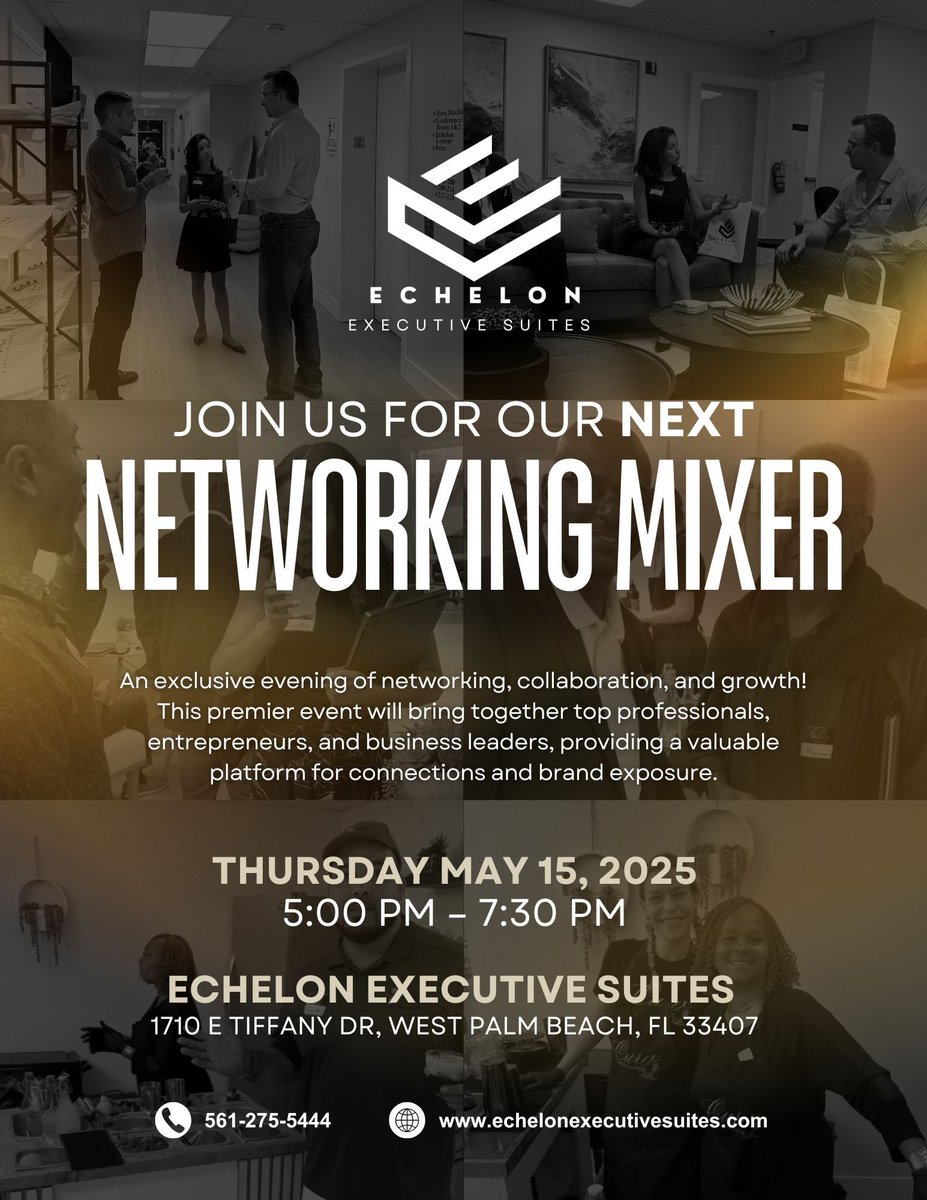 TONIGHT! 🎉

Join us for the Echelon Executive Suites Networking Mixer! Connect with local pros &amp; business leaders.

🕔 5:00 – 7:30 PM
📍 1710 E Tiffany Dr, WPB

Don’t miss it!

#NetworkingTonight #WPBEvents #ChamberConnections #GrowYourNetwork
