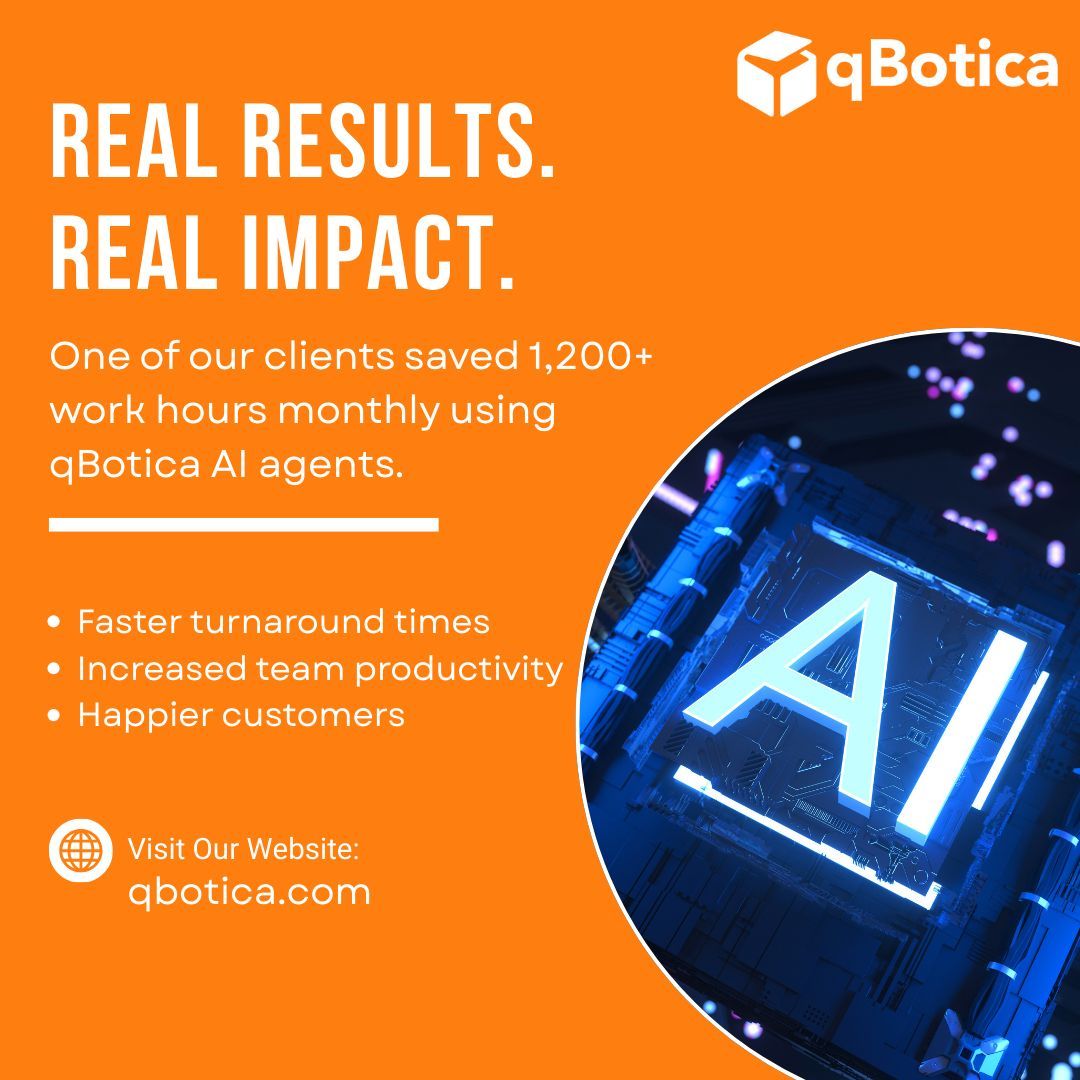 qbotica's tweet photo. 💥 Real Results. Real Impact.

One of our clients saved 1,200+ work hours every month with qBotica's AI Agents ⏱️📉
That’s faster turnaround times, 📦 increased team productivity, 📈 and happier customers all around. 😊 https://t.co/1WKlcCyfFd