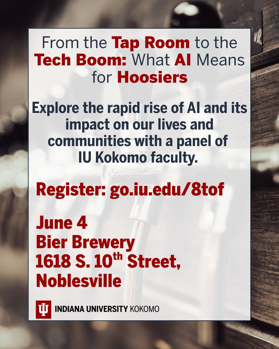 Discuss the rise of AI and its impact on Hoosier lives with a panel of IU Kokomo faculty members. #MyIUK
Register: go.iu.edu/8tof