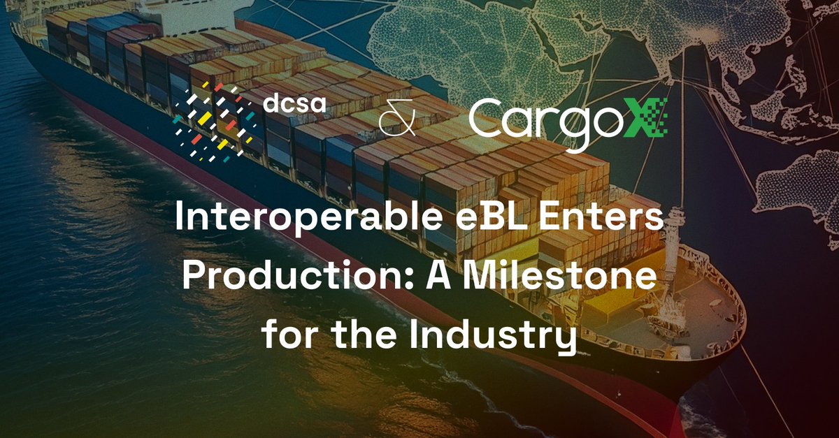 A major step toward secure, scalable &amp; paperless global trade! The first live, standards-based interoperable eBL transaction is complete – thanks to the collaboration of @CargoX_io, @HMM_Official, Suzano, EdoxOnline &amp; <a href="/DCSA_org/">Digital Container Shipping Association (DCSA.org)</a>. A new era of #digitaltrade begins.#Interoperability