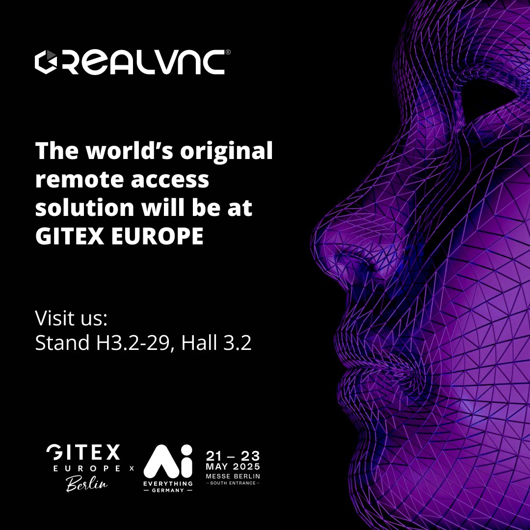 We’re excited to be part of #GITEXEurope2025, taking place on May 21-23 at Messe Berlin. Stop by Hall 3.2, Stand H3.2-29!

#RealVNC #RemoteAccess #Innovation
