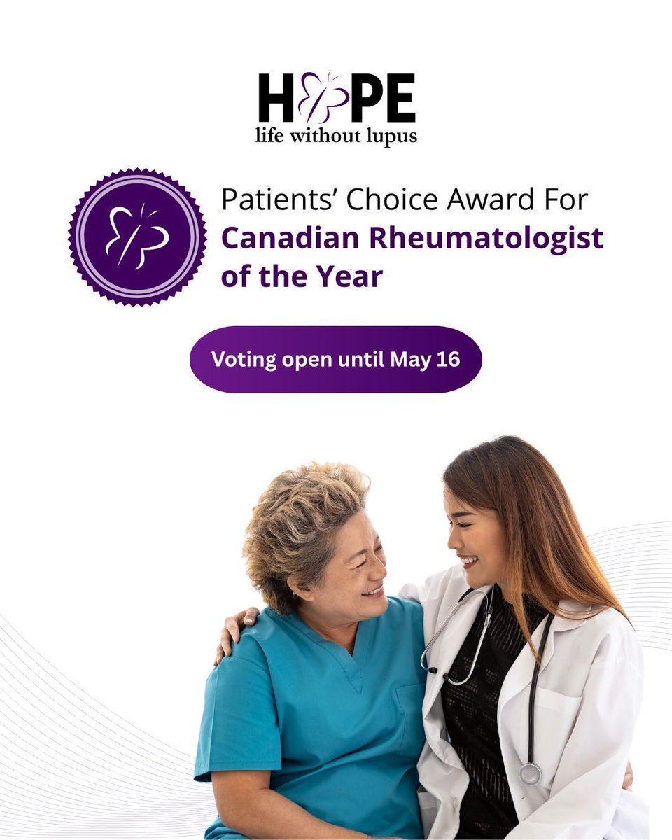 Voting closes TOMORROW at noon (EST)!
Nearly 300 votes in for the Patients’ Choice Award 🩺

Don’t miss your chance to honour a rheumatologist who’s made a difference in your lupus journey.

🗳 Vote now: forms.gle/dzmd7FKh4TyYYD…

#LupusCanada #PatientsChoiceAward