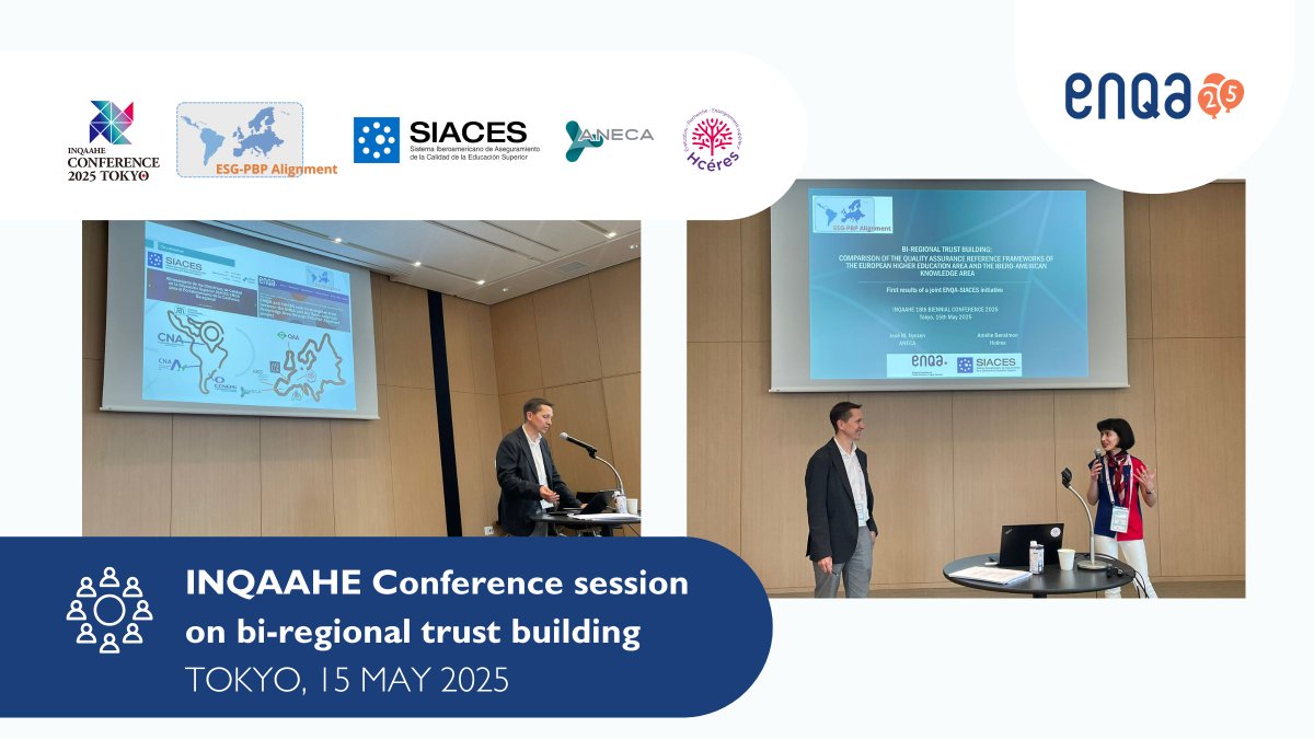 ENQA (@enqatwt) on Twitter photo Last week, the comparative report of the ESG and SIACES' Principles of Good Practice was presented by ANECA 🇪🇸 & Hcéres 🇫🇷 at the <a href="/inqaahe/">INQAAHE - International Network for QAAs in HE</a> Conference 2025 in Tokyo 🇯🇵.
The report includes the first results of the ESG-PBP Alignment project.
➡️ Learn more: enqa.eu/projects/align… Last week, the comparative report of the ESG and SIACES' Principles of Good Practice was presented by ANECA 🇪🇸 & Hcéres 🇫🇷 at the <a href="/inqaahe/">INQAAHE - International Network for QAAs in HE</a> Conference 2025 in Tokyo 🇯🇵.
The report includes the first results of the ESG-PBP Alignment project.
➡️ Learn more: enqa.eu/projects/align…