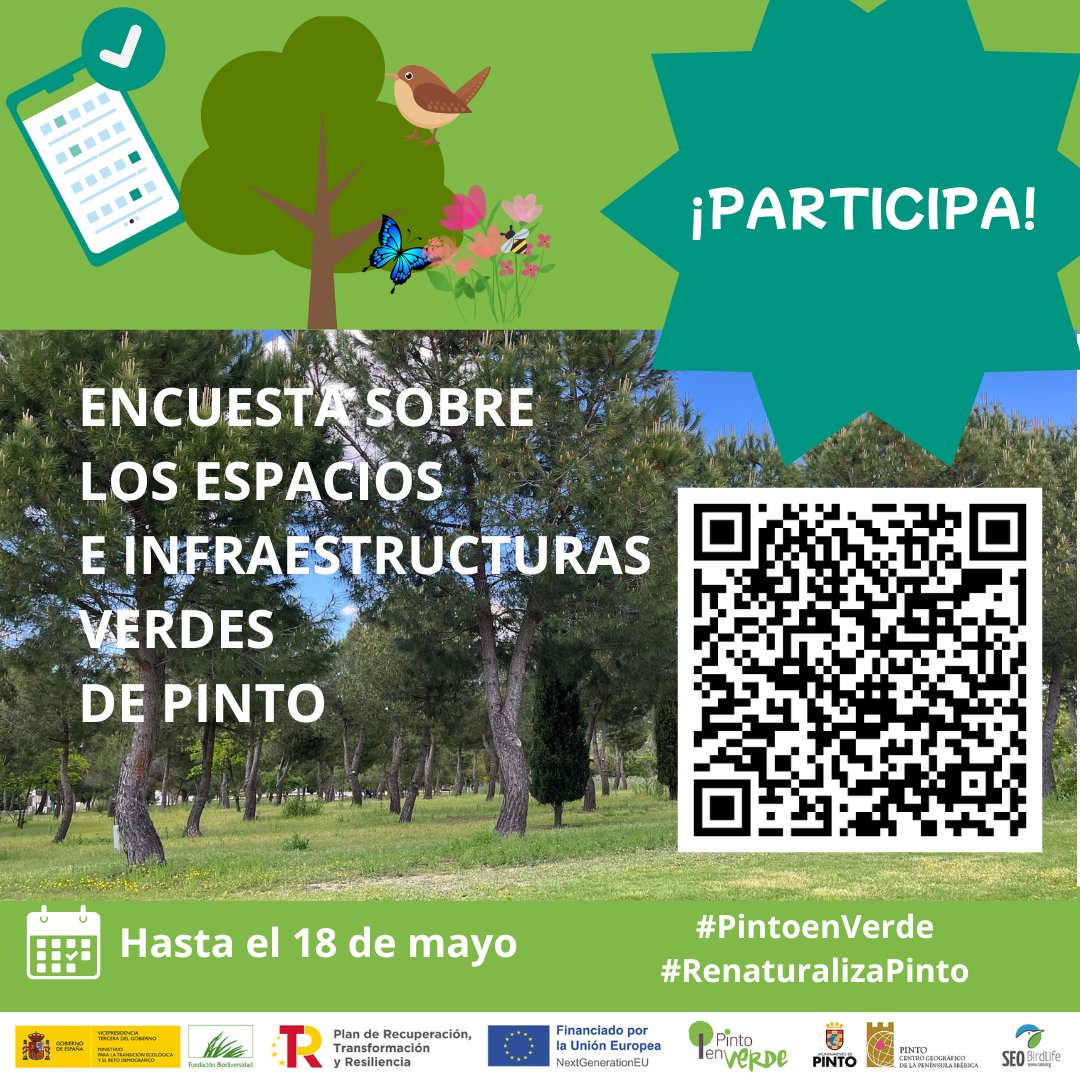 #Pinteños y #pinteñas, os proponemos un reto de los fáciles:💪🏻Ayudadnos a mejorar los espacios verdes de la ciudad completando esta encuesta ❓📲 (5 min) antes del 18/05 🌿🌳👉🏻bit.ly/4jUK6TQ ¡Gracias por compartir con vuestra gente! 🙏🏻#RenaturalizaPinto #PintoenVerde