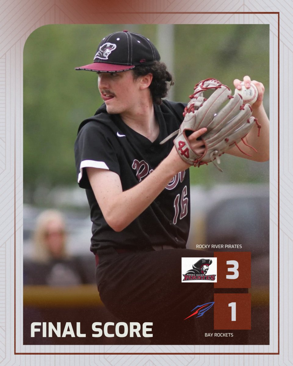 Led by the "Stache" Joe Brant's complete game 2 hitter and 8 strike out performance the Pirates defeated Bay 3-1. Griffin Hill had 2 hits, &amp; Josh Mommers had 2 RBI's to lead the offense. River improves to 15-7 overall (9-2) in the CWC.