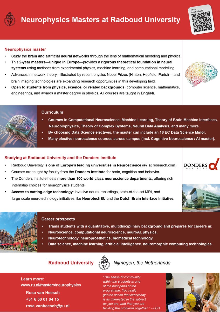 DondersInst's tweet image. Please find this English masters program in Neurophysics. Study the brain, artificial neural networks and complex systems through the lens of mathematical modeling and physics. Radboud University / Donders (Netherlands) is one of Europe’s leading universities in Neuroscience. 1/3