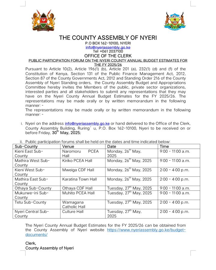 𝐂𝐀𝐋𝐋 𝐅𝐎𝐑 𝐏𝐔𝐁𝐋𝐈𝐂 𝐏𝐀𝐑𝐓𝐈𝐂𝐈𝐏𝐀𝐓𝐈𝐎𝐍

Please follow this link to obtain the budget documents.
nyeriassembly.go.ke/budget-documen…