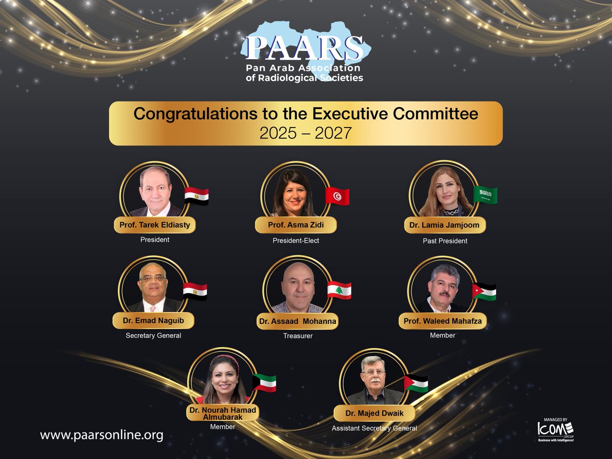 Congratulations to the newly elected board of the Pan Arab Association of Radiological Societies!
Website: paarsonline.org/about-us/

#PAARS #radiology #radiologist