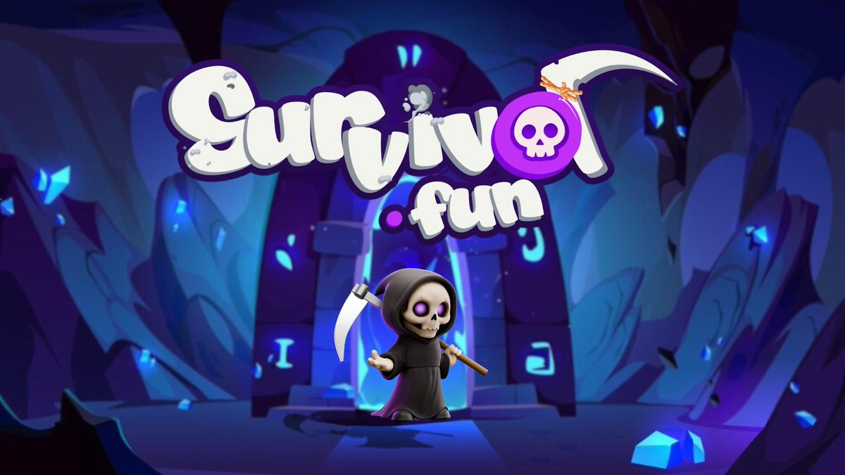 Survivor.fun logo featuring a cute grim reaper in a mystical cave setting