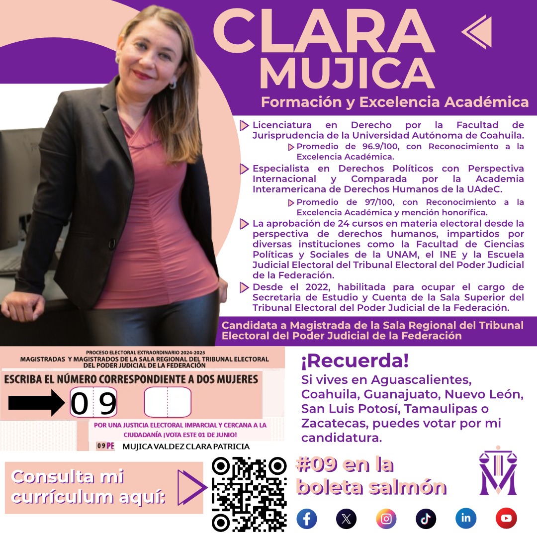 A lo largo de mi trayectoria, he mantenido un compromiso constante con la formación académica.
🗳️Vota este 1 de junio 09 Clara Mujica, boleta salmón de las Magistraturas de la Sala Regional del Tribunal Electoral de la Federación.
#Formación #PreparaciónAcadémica #EleccionesMX