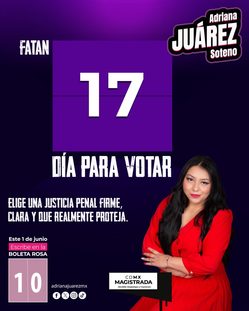 ⚖️ ¡Faltan 17 días para votar!
Elige una justicia penal firme, clara y que realmente proteja.

✍️ Este 1° de junio, escribe 10 en la Boleta Rosa.
#Vota10 #JusticiaQueProtege #Iztapalapa #CDMX