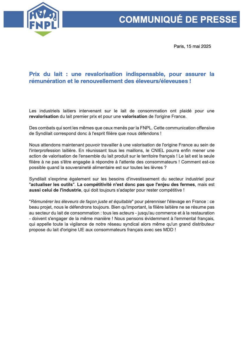 FNPL // COMMUNIQUE DE PRESSE // Prix du lait : une revalorisation indispensable, pour assurer la rémunération et le renouvellement des éleveurs/éleveuses !
#CeuxQuiFontLeLait