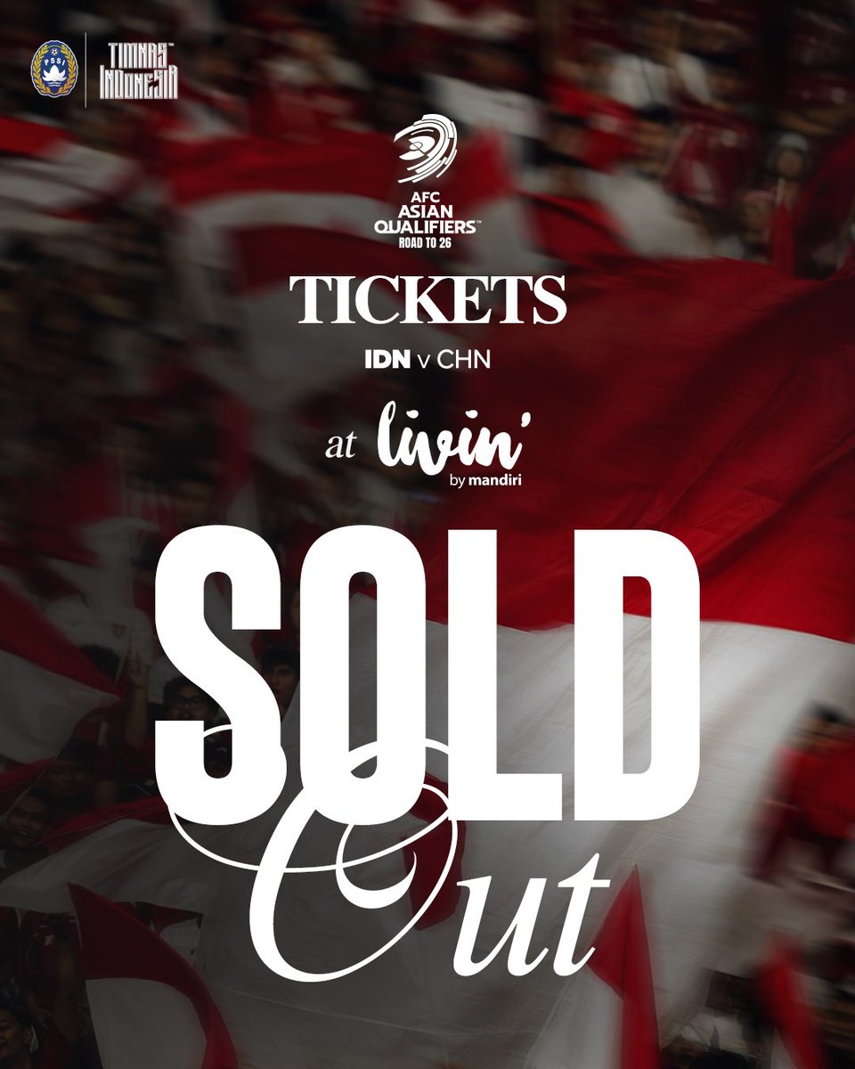 TimnasIndonesia's tweet image. 📣 𝐒𝐎𝐋𝐃 𝐎𝐔𝐓! 🎫

Tiket 𝐏𝐚𝐫𝐭𝐚𝐢 𝐊𝐚𝐧𝐝𝐚𝐧𝐠 𝐆𝐚𝐫𝐮𝐝𝐚 melalui #LivinbyMandiri terjual habis! 🔐

Nantikan informasi berikutnya dan pastikan 𝐆𝐚𝐫𝐮𝐝𝐚 𝐈𝐃 kalian sudah terverifikasi 👀

‣ #KitaGaruda