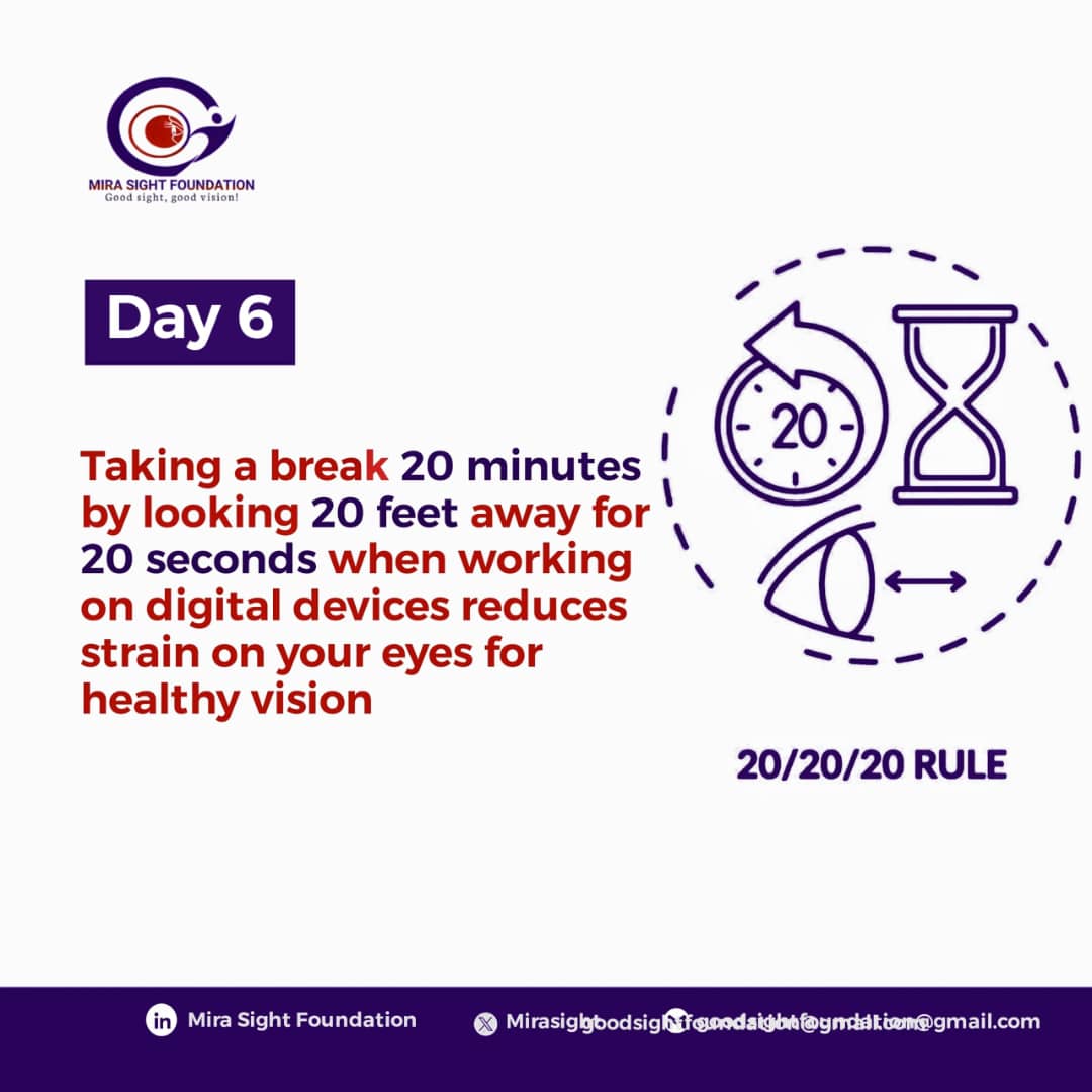mirasight's tweet photo. Healthy Vision 10-Day Awareness Campaign

 Day 6

Taking a break 20 minutes by looking 20 feet away for 20 seconds when working on digital devices reduces strain on your eyes for healthy vision 

#Goodsight
#MiraSightFoundation
#PromotingEyeCare https://t.co/V3AfNdYmFB