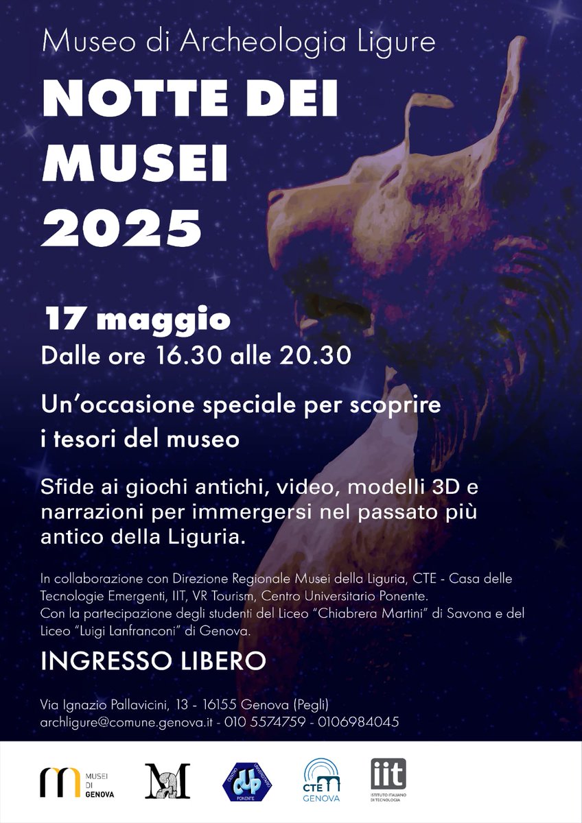 IITalk_projects (@iitalk_projects) on Twitter photo 🦁 Il 17 maggio torna la #NotteDeiMusei al Museo di Archeologia Ligure!
Giochi antichi, modelli 3D, video e narrazioni per riscoprire il passato della Liguria.
📍 Genova Pegli | ⏰ 16:30–20:30
🎟️ Ingresso libero
Con <a href="/CteGenova/">CTE Genova</a> <a href="/ComunediGenova/">COMUNE DI GENOVA</a> <a href="/IITalk/">IIT</a>
#Cultura #Innovazione 🦁 Il 17 maggio torna la #NotteDeiMusei al Museo di Archeologia Ligure!
Giochi antichi, modelli 3D, video e narrazioni per riscoprire il passato della Liguria.
📍 Genova Pegli | ⏰ 16:30–20:30
🎟️ Ingresso libero
Con <a href="/CteGenova/">CTE Genova</a> <a href="/ComunediGenova/">COMUNE DI GENOVA</a> <a href="/IITalk/">IIT</a>
#Cultura #Innovazione