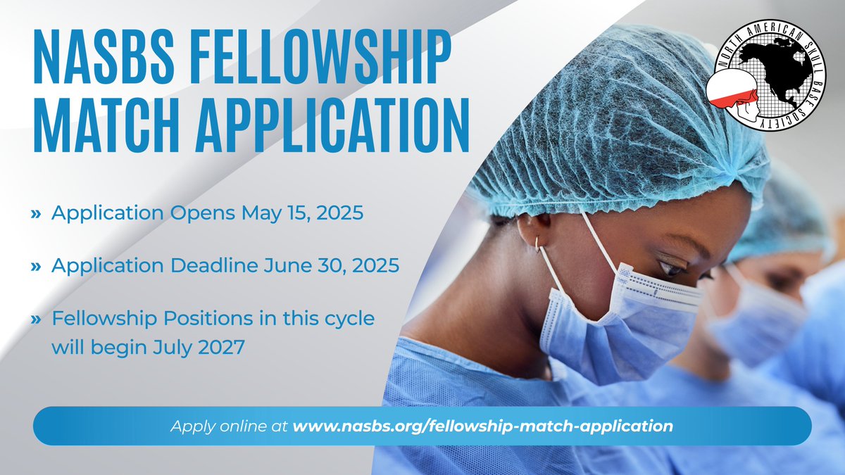 🧠 NASBS Neurosurgery Skull Base Fellowship Match -Application Now Open! 

📅 Deadline: June 30, 2025
🎙️ Interviews: July 15–Nov 1
✅ Match Day: Dec 17, 2025
🚀 Start: July 2027

Apply now 👉 1l.ink/CWJNW5M
#NASBSFellowship2027 #Neurosurgery