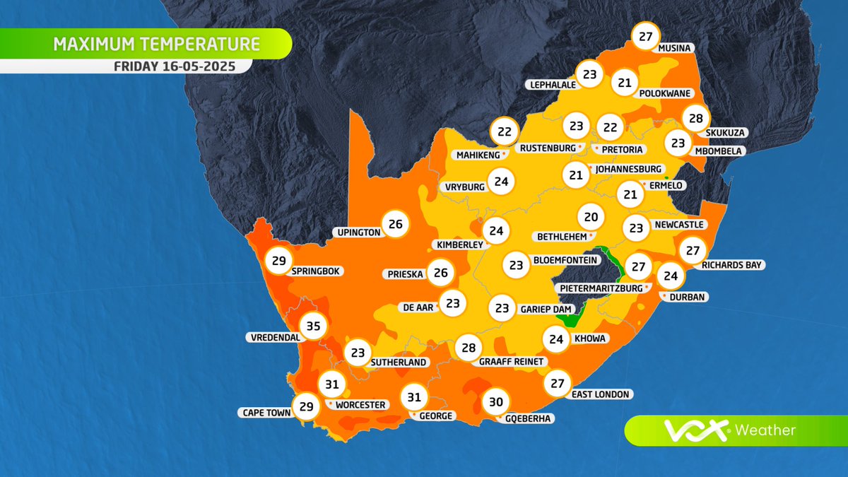 WEATHER for this FRIDAY – 16 May 2025

🌫️ Fog expected in and around Gauteng
 🥵 Bergwinds warm the West &amp; South coasts, with “oosweer” in Namibia
 🔥 Extreme fire danger in WC

For a more in-detail forecast watch Meteorologist Michelle Du Plessis LIVE at 6pm on #VoxWeather