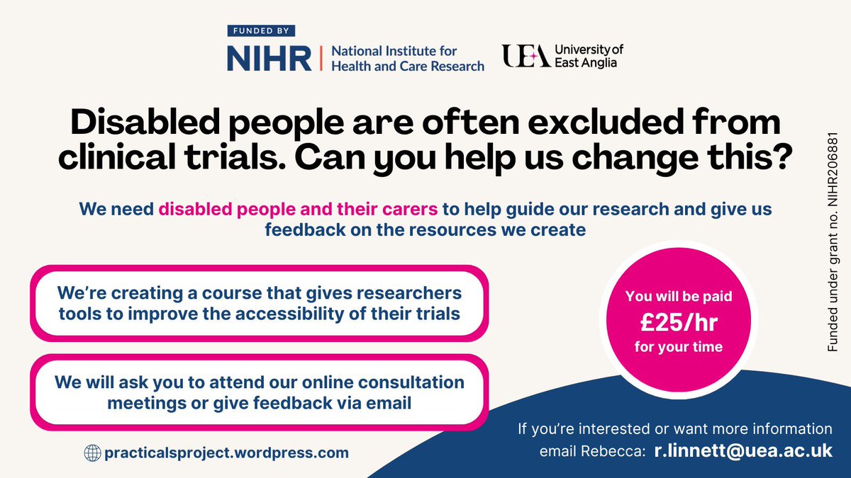📢 PAID OPPORTUNITY 📢 

Norwich Clinical Trials Unit are looking for deaf or hard of hearing people to be part of their online advisory group for a project aiming to improve clinical trial accessibility. 

This is a paid opportunity. 

Email Rebecca Linnett at