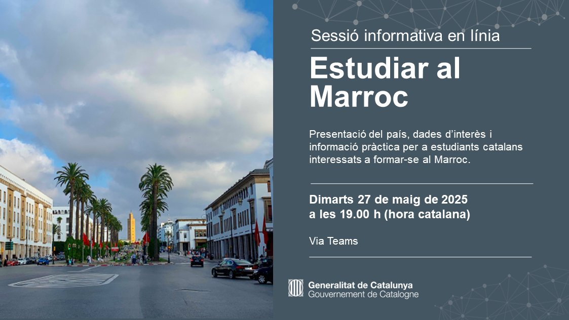 📕 Vols venir a estudiar al Marroc?

Connecta't a la sessió informativa en línia i et facilitarem informació pràctica i dades d'interès

🗓️ Dimarts 27 de maig
🕖 19 h (hora catalana)
✍️ Inscripcions: exteriors.gencat.cat/ca/ambits-dact…