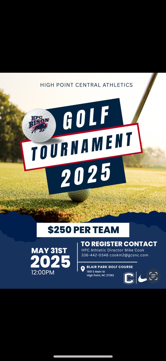 Important dates:
May 29-6:00 Athletics Awards Ceremony

May 31-12 Golf tourney at Blair Park spots open-contact Coach Cook

May 31 at 6-Reverse Raffle $100 to win $1500

Go Bison!!
⁦<a href="/hettenm/">Mike Hettenbach</a>⁩ ⁦<a href="/HPCHighSchool/">High Point Central</a>⁩
