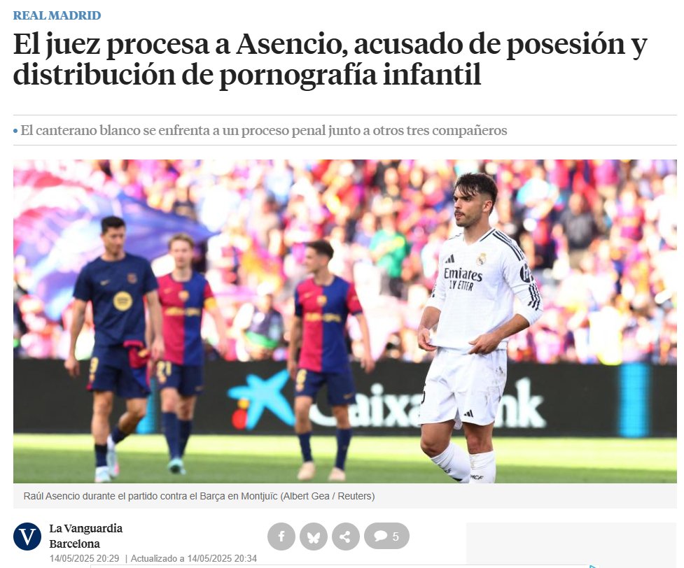 Poner imágenes de jugadores del Barça en una notica sobre Asencio no es casualidad, es una más del asqueroso madridismo sociológico que hay en este país.
