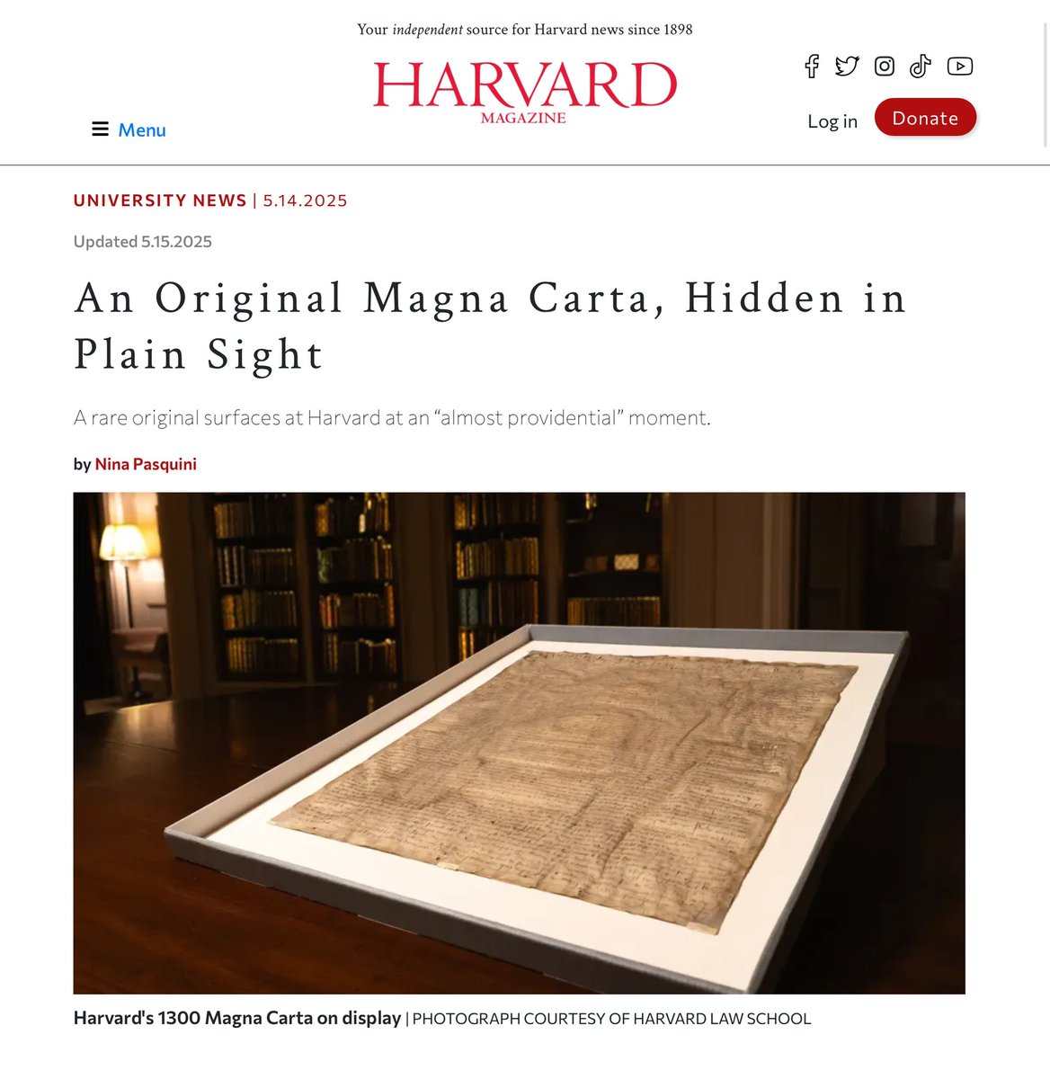 An original copy of the Magna Carta—which enshrined due process and habeas corpus into common law—has been found at Harvard.

These are the very concepts that the Trump regime is trying to eliminate from American government.