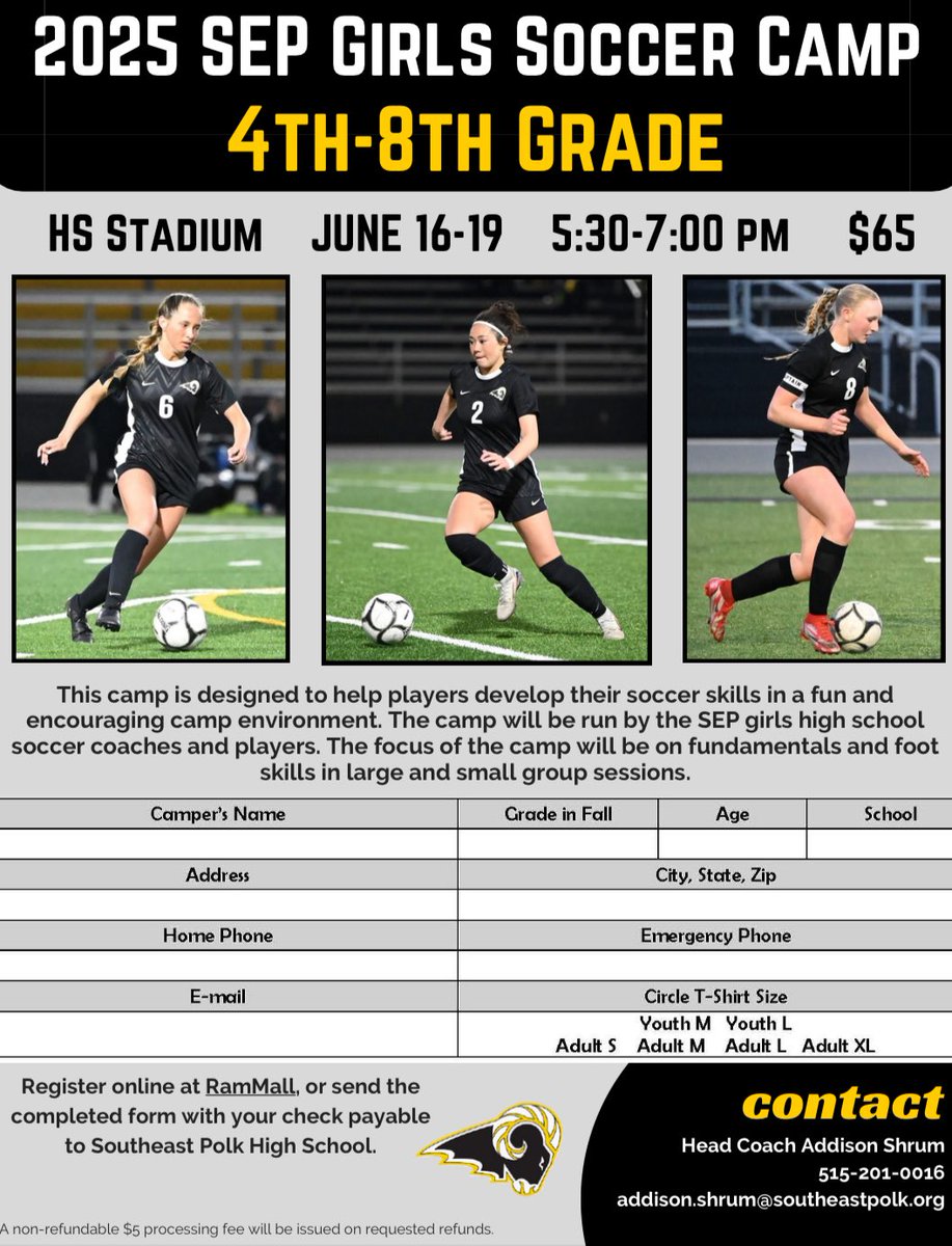 Our summer camp is happening June 16-19 at the high school stadium field 5:30-7:00pm. Anyone between 4th and 8th grade are able to come play! It will be run by the SEP Girls Soccer Coaches with help from the high school players. Please see the flyer for more information.