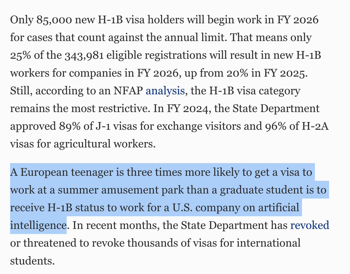 A European trying to get a J1 to work at an amusement park? 90% likely to get a visa.

Graduate from top university trying to get an H-1B to work at an AI lab? More like 30%.

We don't have our priorities straight at all.

From Stuart Anderson at <a href="/NFAPResearch/">NFAPResearch</a>: