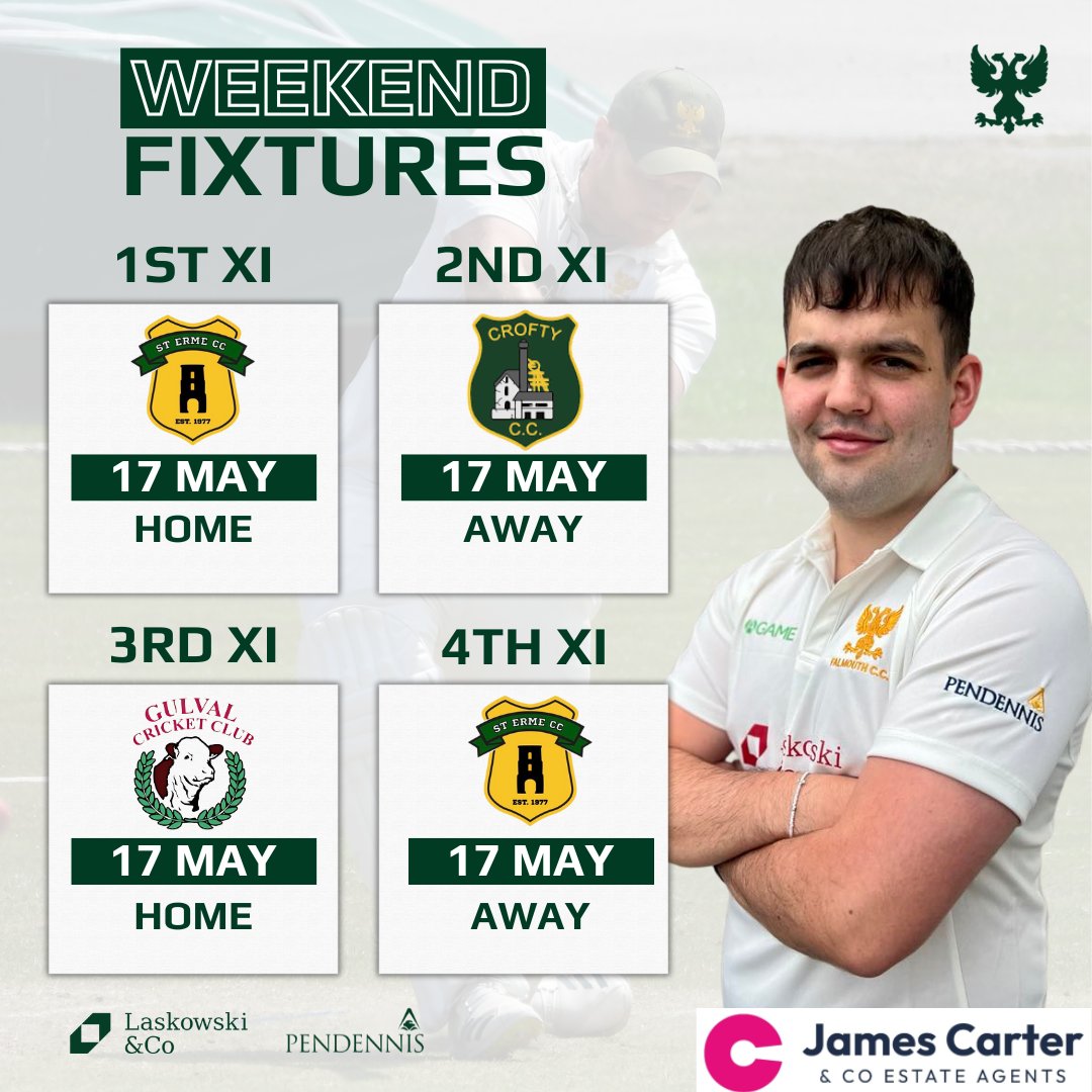 NEXT UP  - <a href="/cornwall_league/">Cornwall Cricket League</a> 
SATURDAY 17 MAY

🏟️ 1st XI host St Erme 1st XI at Falmouth CC
🚌 2nd XI travel to Crofty Holmans 1st XI
 🏟️3rd XI host Gulval 2nd XI, up on Channel 4 
🚌 4th XI travel to Truro School to play St Erme 3rd XI 

#upthefal