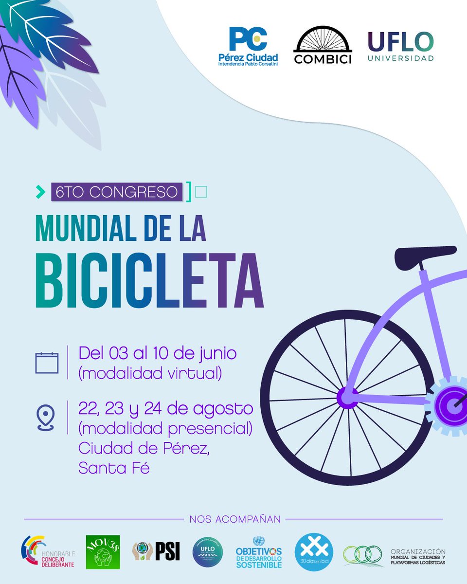 ¡Cambio de fecha!
El 6º Congreso Mundial de la Bicicleta (COMBICI) tendrá su modalidad presencial el 22, 23 y 24 de agosto en Pérez, Santa Fe. La modalidad virtual sigue del 3 al 10 de junio.
 <a href="/PlataformaSust1/">Plataforma Sustentabilidad Integral</a>
 <a href="/PabloCorsalini/">Pablo Corsalini</a>
 @juanmaMovilidad

#COMBICI  #CiudadesSustentables