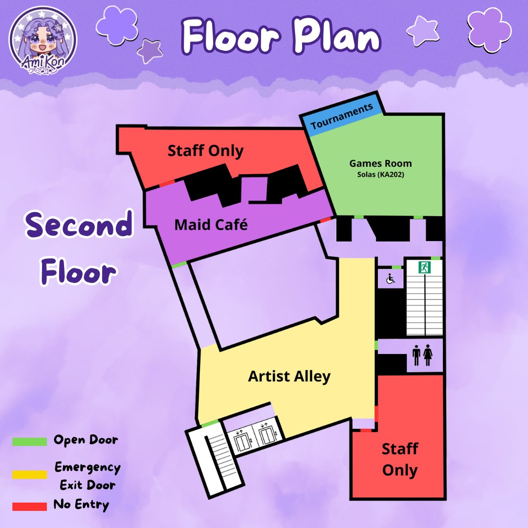 Wondering how to get to the artist alley? Or maybe you want to know where our main events will be held? Check out our floor plan for Amikon2025!