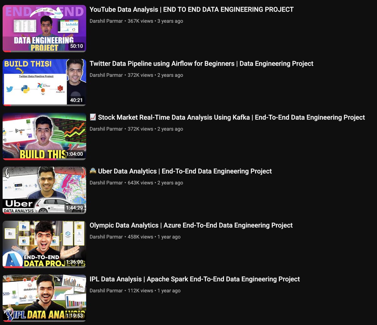 parmardarshil07's tweet image. You may get an unfair advantage in data engineering interviews if you complete these 6 projects.

1. YouTube Data Analysis | END TO END DATA ENGINEERING PROJECT

2. Twitter Data Pipeline using Airflow for Beginners | Data Engineering Project

3. Stock Market Real-Time Data…