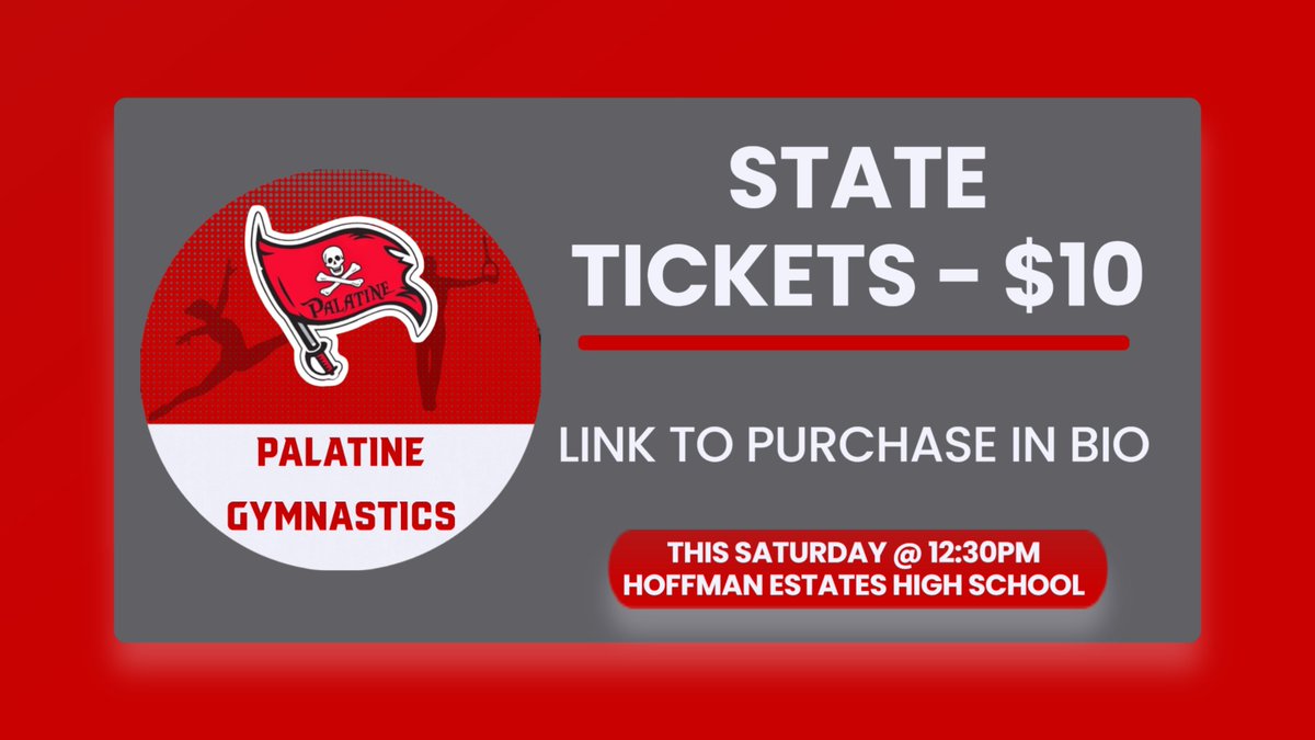 Link to purchase State tickets here and in bio! Share this out! We want to see the stands packed this Saturday!  

gofan.co/event/3620810?……

<a href="/PiratesofPHS/">Palatine High School</a>
<a href="/PalatineATC/">Palatine ATC</a>
<a href="/PalAthletics/">Palatine Athletics</a>
<a href="/phscutlass/">PHS Cutlass</a>
<a href="/PHSPirateBoost/">PalatineHSBoosters</a>
<a href="/IHSGCA1961/">IHSGCA</a>

#phsgymnastics #hsgymnastics #gymnastics