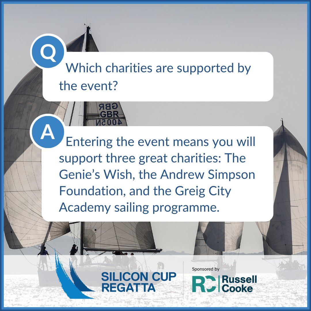 By taking part in the Russell-Cooke Silicon Cup Regatta, you're not just joining the UK’s biggest IT industry sailing event - you're also supporting 3 incredible charities: <a href="/TheGeniesWish/">The Genie's Wish</a>, <a href="/Greig_City/">Greig City Academy</a>'s sailing programme, and <a href="/AndrewSimpsonFo/">Andrew Simpson Foundation</a> 

👉Enter at: bit.ly/3ufN7Kz