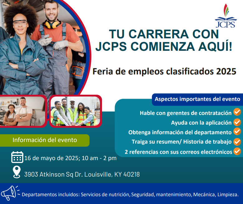📣📣 FERIA DE TRABAJO DE JCPS ◼️ESTE VIERNES 16 DE MAYO 🔳 10:00 AM A 2:00 PM 📣📣

Empleos disponibles en las áreas de servicios de nutrición, limpieza, mantenimiento, etc.  

#TrabajaConJCPS