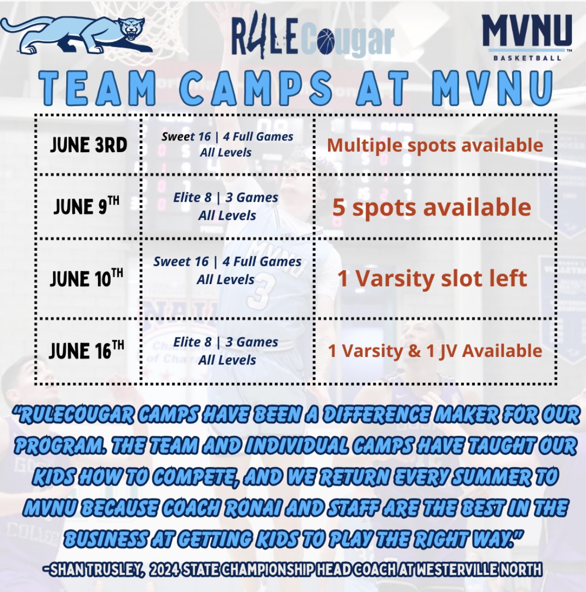 🚨NEW HIGH SCHOOL Coaches 

We have a few spots left in our team camps this June‼️

We are super intentional with our camps in the summer ☀️. Hope you  are able to join us! Shoot me a text if you are interested ⬇️⬇️⬇️⬇️⬇️