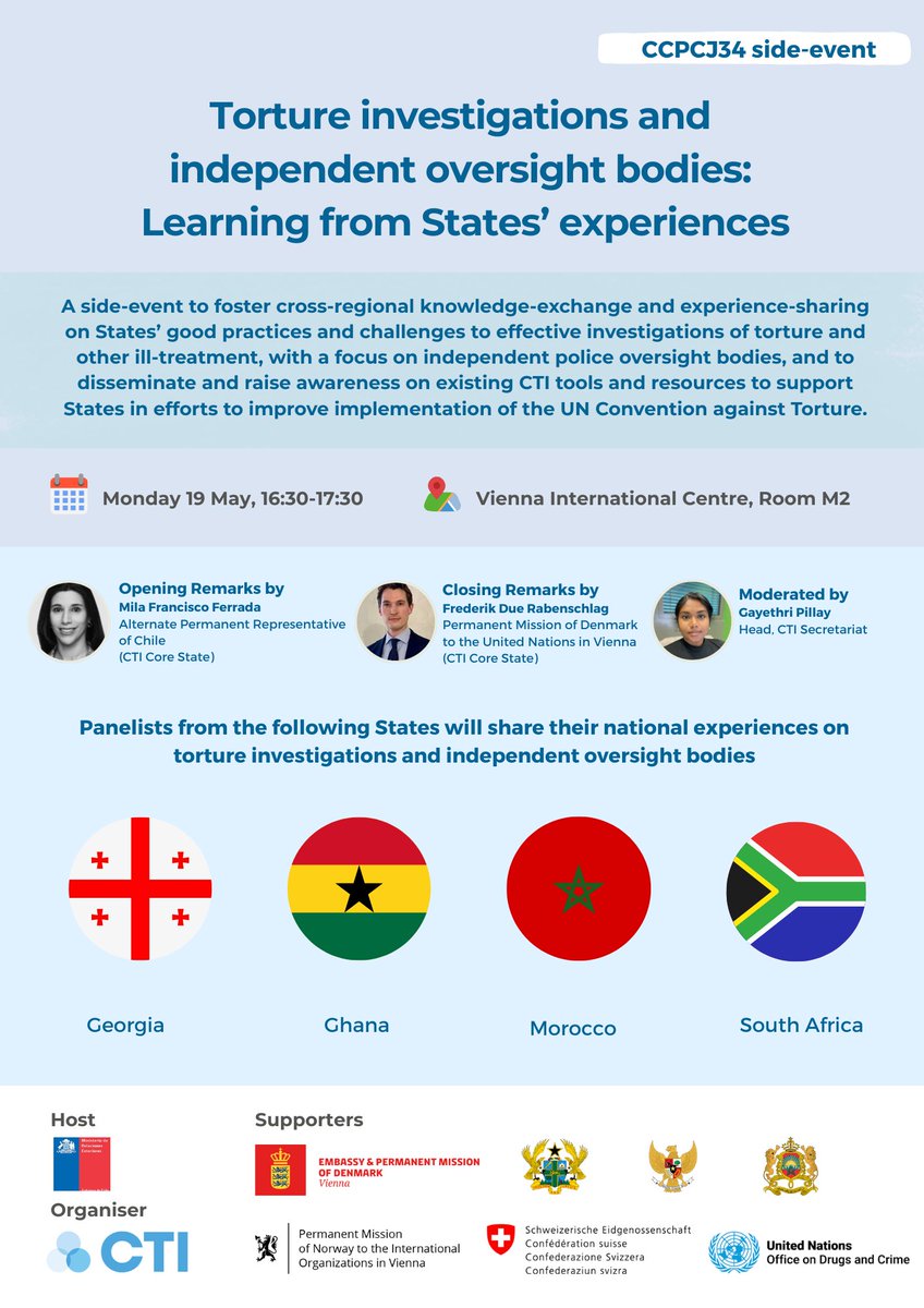 cti_uncat's tweet image. 📢Happening on Monday!📢

Hosted by @ChileONUViena, CTI will hold a #CCPCJ34 side-event to discuss States&apos; good practices &amp;amp; experiences in investigating #torture &amp;amp; establishing independent #police oversight bodies

Join us!👇
