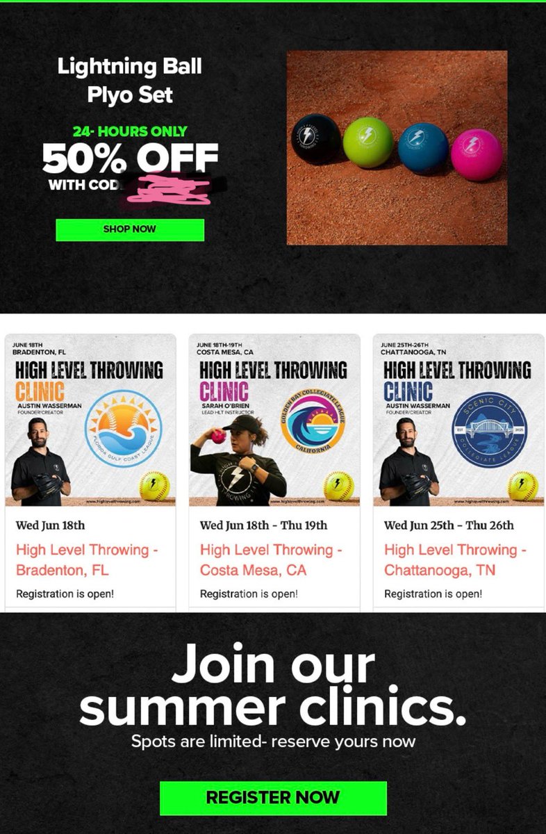 Austin Wasserman (@wass_strength) on Twitter photo Join our newsletter for ⚾️🥎 content, clinics and some CRAZY pop-up sales…like this 24-hour 50% OFF Lightning Balls to help you get stronger and more efficient with your arm this summer! 💪🏻
highlevelthrowing.com Join our newsletter for ⚾️🥎 content, clinics and some CRAZY pop-up sales…like this 24-hour 50% OFF Lightning Balls to help you get stronger and more efficient with your arm this summer! 💪🏻
highlevelthrowing.com