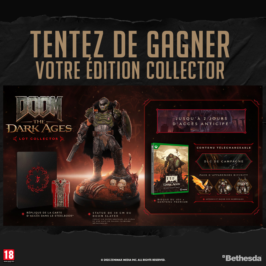 On met en jeu une Édition Collector 🔥

À l'occasion de la sortie de DOOM The Dark Ages, on vous fait gagner une Édition Collector sur Xbox Series ⚔️

Pour participer ⤵️
🩸 Like⁣⁣⁣, RT &amp; Follow <a href="/Micromania_Fr/">Micromania-Zing</a>
🩸 Mentionner en réponse un ami avec #MicromaniaDOOM

Tirage au sort