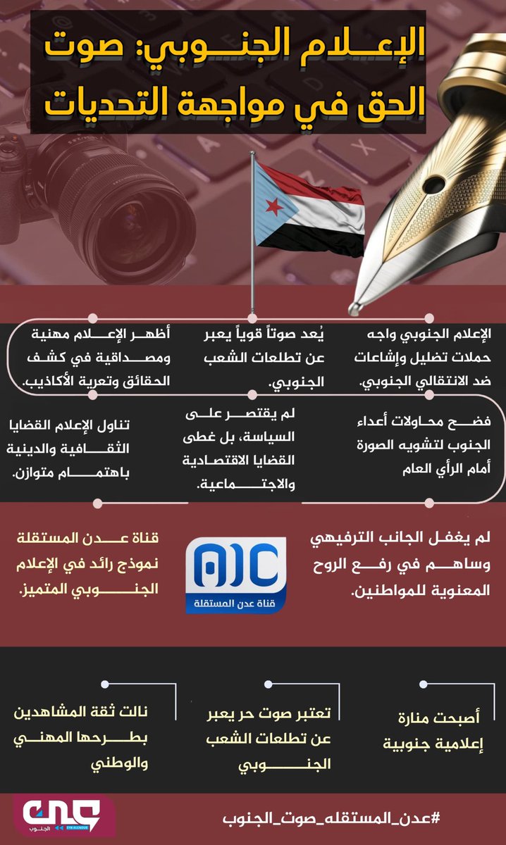 #عدن_المستقله_صوت_الجنوب
برز الإعلام الجنوبي كقوة لا يستهان بها في نقل الحقائق وتشكيل الوعي للراي العام بعد ان حاول الاعداء تضليله، فمنذ نشأة قضية شعب الجنوب والإعلام يعلب دورا محوريا بمختلف وسائله في إيصال صوت الجنوبيين للعالم والتعبير عن تطلعاتهم المشروعة. وفي هذا السياق يتبوأ