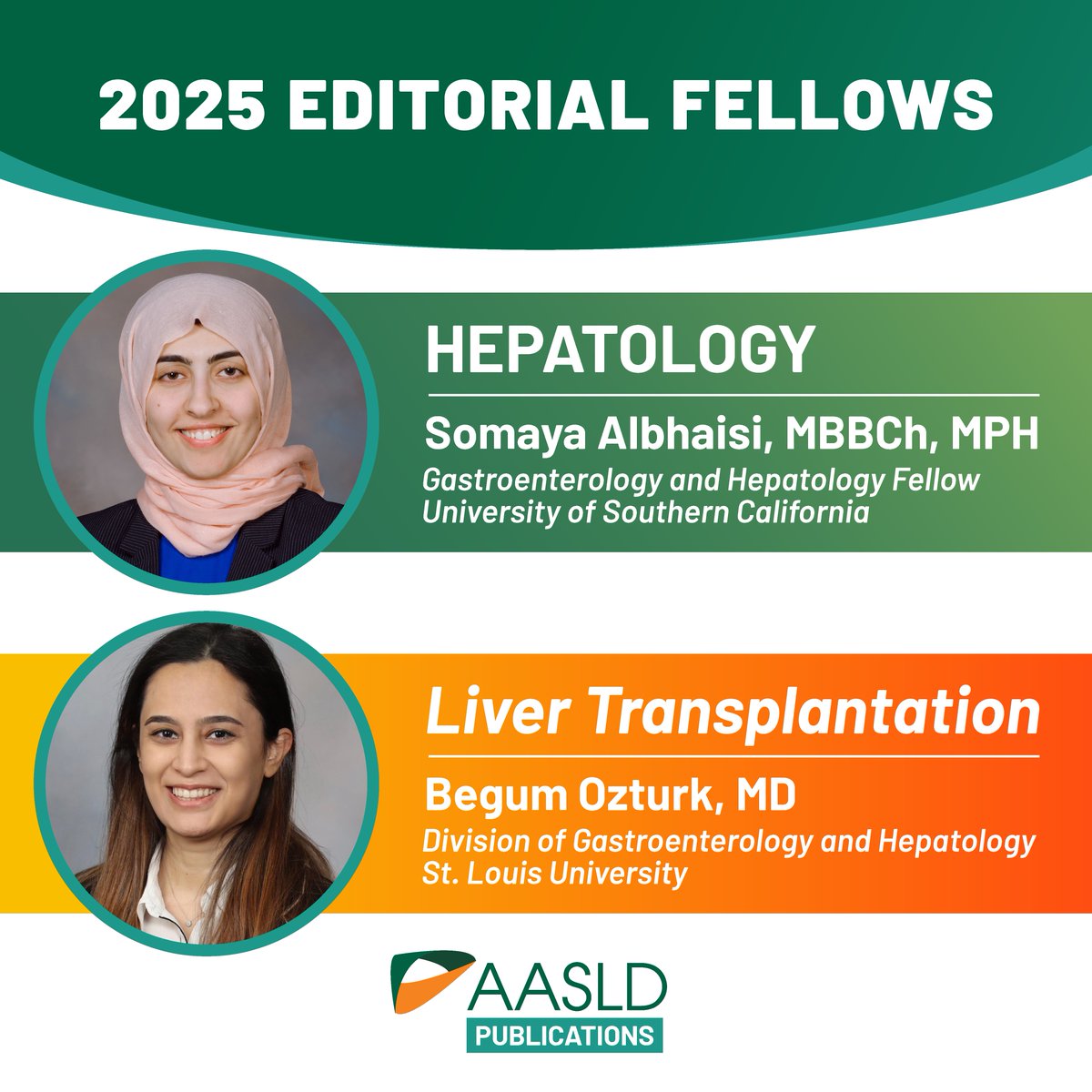 AASLD (@aasldtweets) on Twitter photo 👏 Congratulations to the 2025-2026 #AASLD Editorial Fellows! We're thrilled to welcome <a href="/SomayaAlbhaisi/">Somaya Albhaisi, MBBCh, MPH, FACP 🗝️🇵🇸</a> of <a href="/USC/">USC</a> as the Editorial Fellow for <a href="/HEP_Journal/">HEPATOLOGY Journal</a>, and <a href="/NBegumOzturkMD/">Begüm Öztürk, MD</a> of @SLUGastro for <a href="/LTxJournal/">Liver Transplantation Journal (LTxJournal)</a>. Their term runs from July 1, 2025, to June 30, 2026. 👏 Congratulations to the 2025-2026 #AASLD Editorial Fellows! We're thrilled to welcome <a href="/SomayaAlbhaisi/">Somaya Albhaisi, MBBCh, MPH, FACP 🗝️🇵🇸</a> of <a href="/USC/">USC</a> as the Editorial Fellow for <a href="/HEP_Journal/">HEPATOLOGY Journal</a>, and <a href="/NBegumOzturkMD/">Begüm Öztürk, MD</a> of @SLUGastro for <a href="/LTxJournal/">Liver Transplantation Journal (LTxJournal)</a>. Their term runs from July 1, 2025, to June 30, 2026.