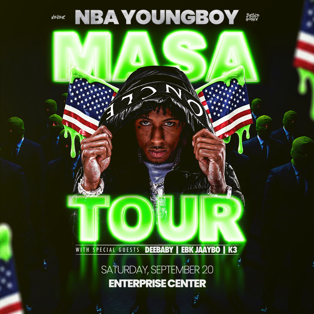 JUST ANNOUNCED! NBA YoungBoy is hitting the road for the very first time. He’s bringing the MASA TOUR to Enterprise Center on Sept 20! 

Sign up now for Artist Presale access at livemu.sc/nbayoungboy