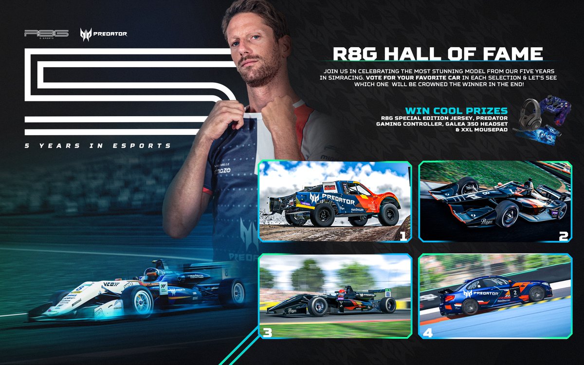 R8G eSports (@r8gesports) on Twitter photo 🌟 R8G HALL OF FAME 🌟
🗳️ New vote!
🏎️FOURTH SELECTION🚗
Vote 1️⃣, 2️⃣, 3️⃣ or 4️⃣
🎁 Win R8G Special Edition Jersey, Predator Gaming controller, Galea 350 HEADSET & XXL Mousepad
#r8gesports <a href="/PredatorGaming/">Predator Gaming</a> 🌟 R8G HALL OF FAME 🌟
🗳️ New vote!
🏎️FOURTH SELECTION🚗
Vote 1️⃣, 2️⃣, 3️⃣ or 4️⃣
🎁 Win R8G Special Edition Jersey, Predator Gaming controller, Galea 350 HEADSET & XXL Mousepad
#r8gesports <a href="/PredatorGaming/">Predator Gaming</a>