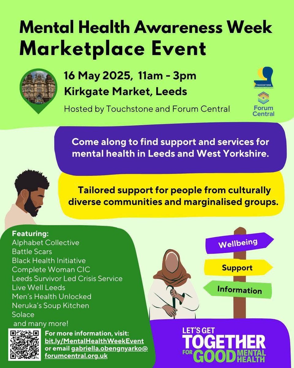 Join in this Friday 16 May from 11am to 3pm at Leeds Markets for a special #MentalHealthAwarenessWeek event hosted by Forum Central &amp; Touchstone. Drop in to discover local resources, get support and connect with your community. We'll see you there! #ThisIsMyCommunity
