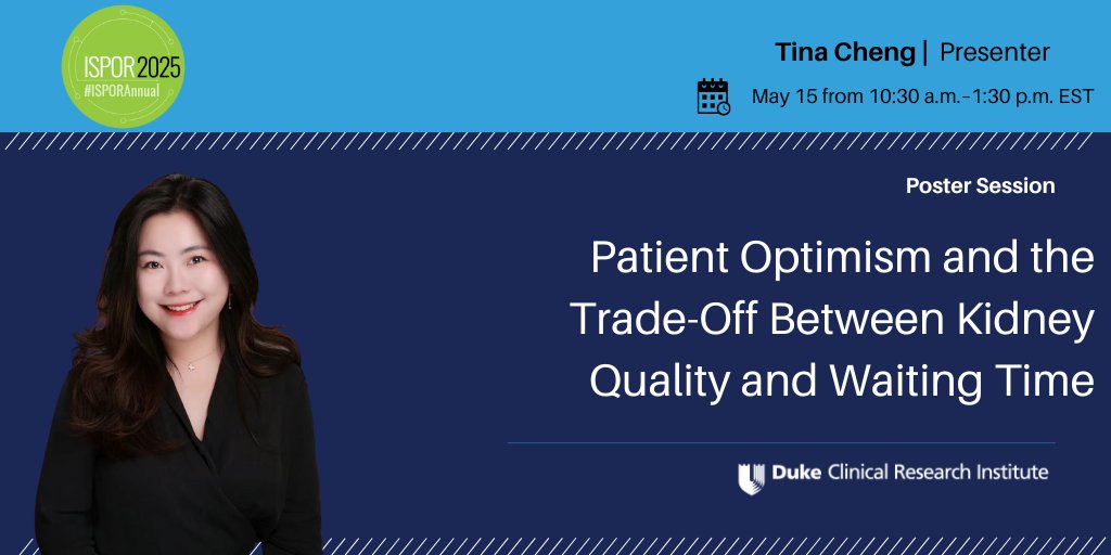 Tina Cheng will be hosting her poster session on patient optimism and kidney quality versus waiting time as part of today's #ISPORAnnual sessions! Check back tomorrow for the last day's sessions.