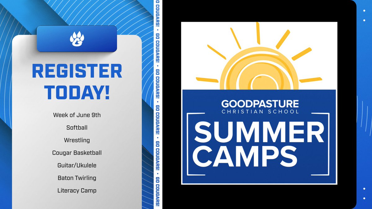 ☀️SUMMER CAMPS☀️ 

Week of June 9th
Softball
Wrestling
Cougar Basketball
Guitar/Ukulele
Baton Twirling
Literacy Camp

Register TODAY!
bit.ly/GCSSummerCamps…