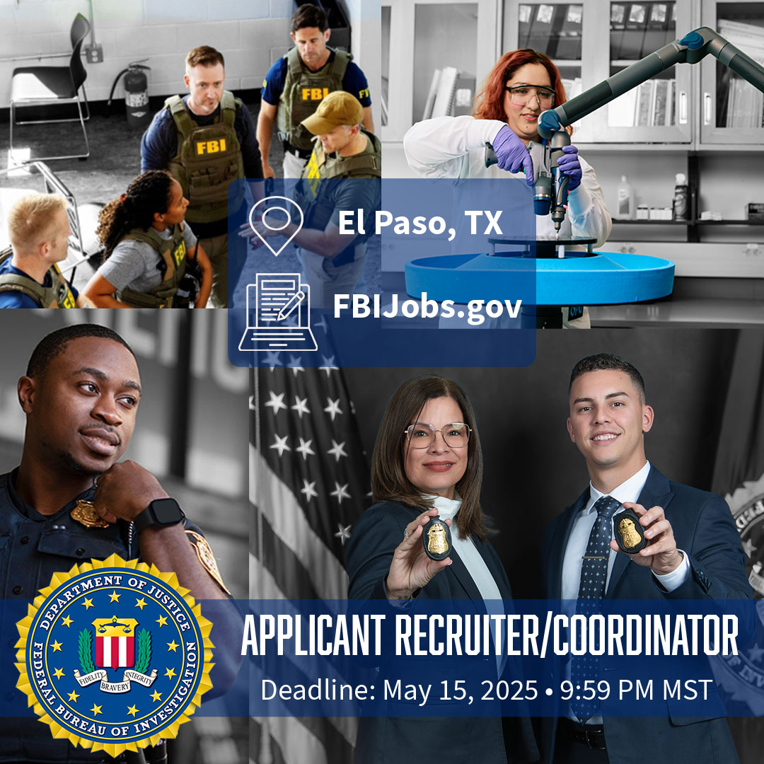 FBIElPaso's tweet image. The deadline to submit your application for #FBIEP's Applicant Recruiter/Coordinator position is tonight at 9:59 PM MST!

We're looking for great applicants, just like you!

For more information and to apply: FBIJobs.gov