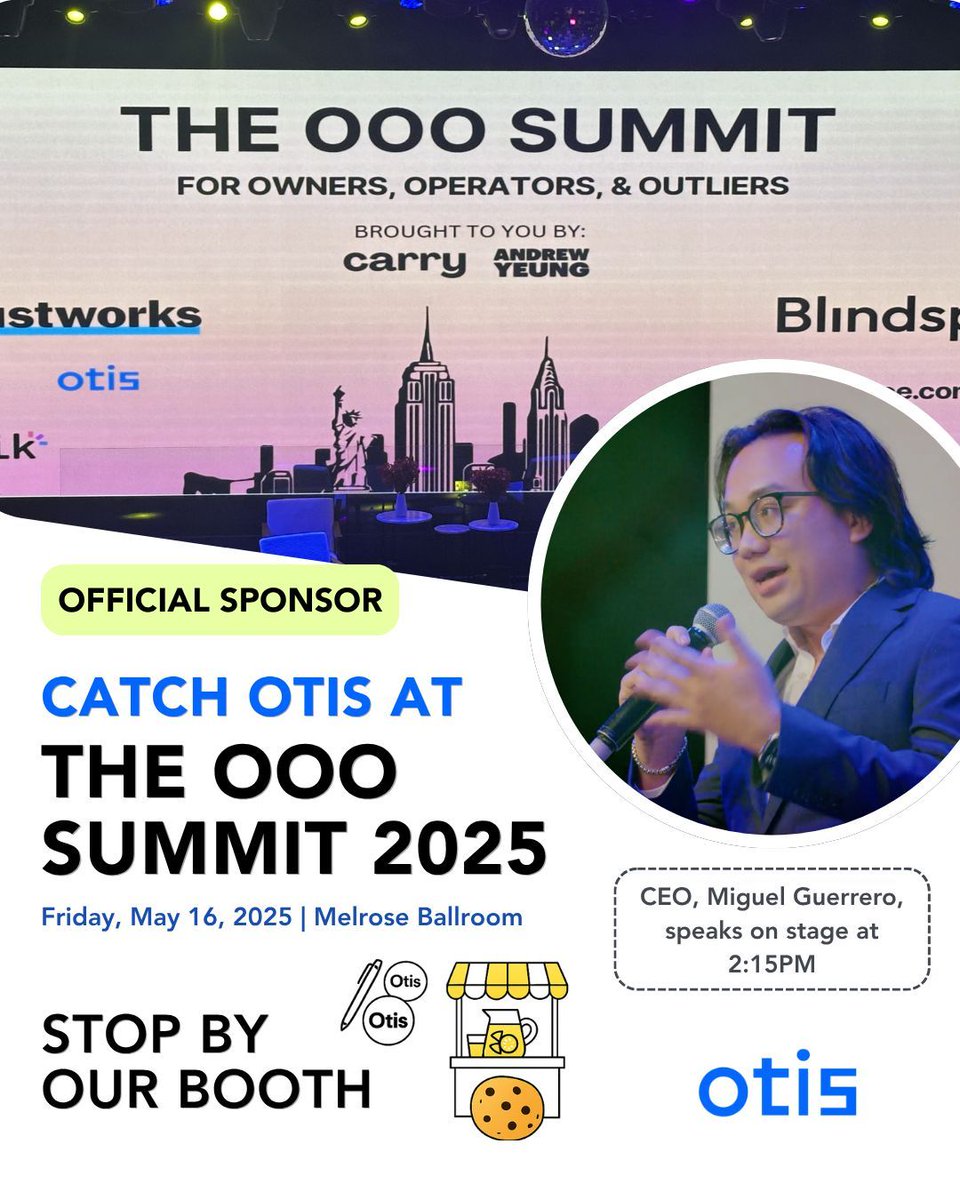 Otis AI (@otis_ai) on Twitter photo Official sponsor of #OOOSummit2025 ✅ We can't wait to be back!
Come find the Otis booth for:
🍋 Lemonade
🍪 Cookies
🎁 Otis giveaways
PLUS, 🗣️<a href="/miguelmeep/">Miguel Guerrero</a> speaks at 2:15 PM
Let’s talk smarter ads and bolder ideas.
See you tomorrow at Melrose Ballroom 👋 Official sponsor of #OOOSummit2025 ✅ We can't wait to be back!
Come find the Otis booth for:
🍋 Lemonade
🍪 Cookies
🎁 Otis giveaways
PLUS, 🗣️<a href="/miguelmeep/">Miguel Guerrero</a> speaks at 2:15 PM
Let’s talk smarter ads and bolder ideas.
See you tomorrow at Melrose Ballroom 👋
