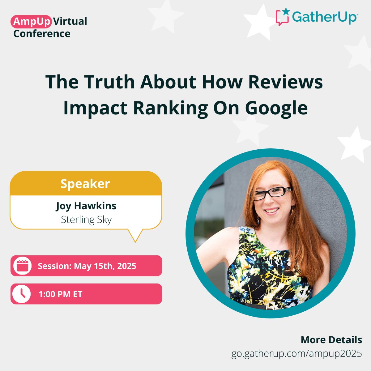 Happening TODAY at 1pm ET 🤩

Join Joy @gatherup's AmpUp 2025 for real data on how online reviews actually impact Google rankings.

If you’ve ever had to defend the value of review strategies to a client or team, this is your toolkit.

🔗 go.gatherup.com/ampup2025